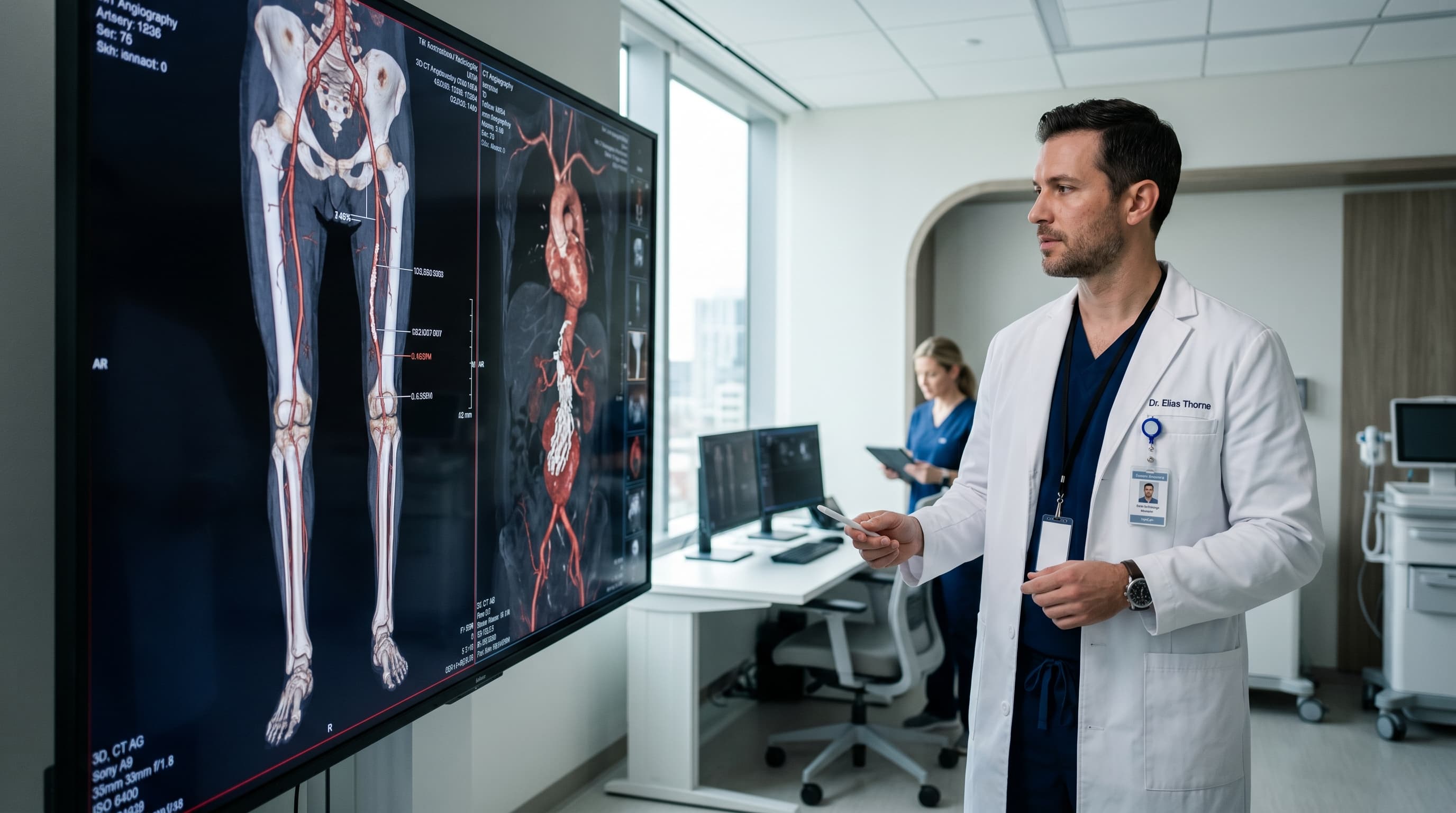 Interventional radiologist reviewing vascular scans in a modern clinic