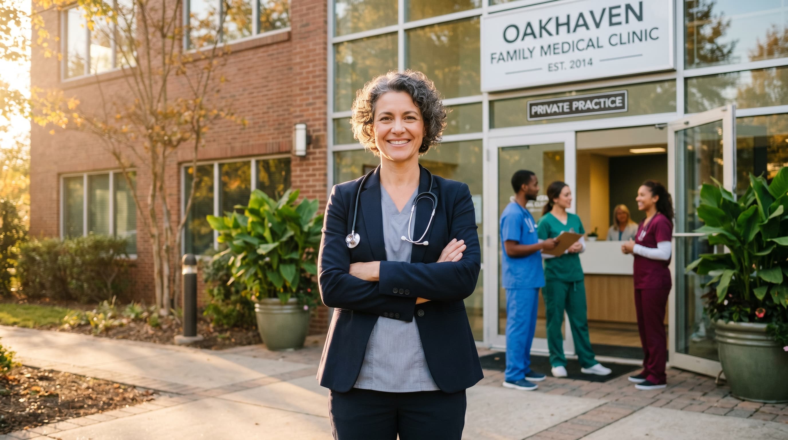 Physician team outside modern neighborhood clinic