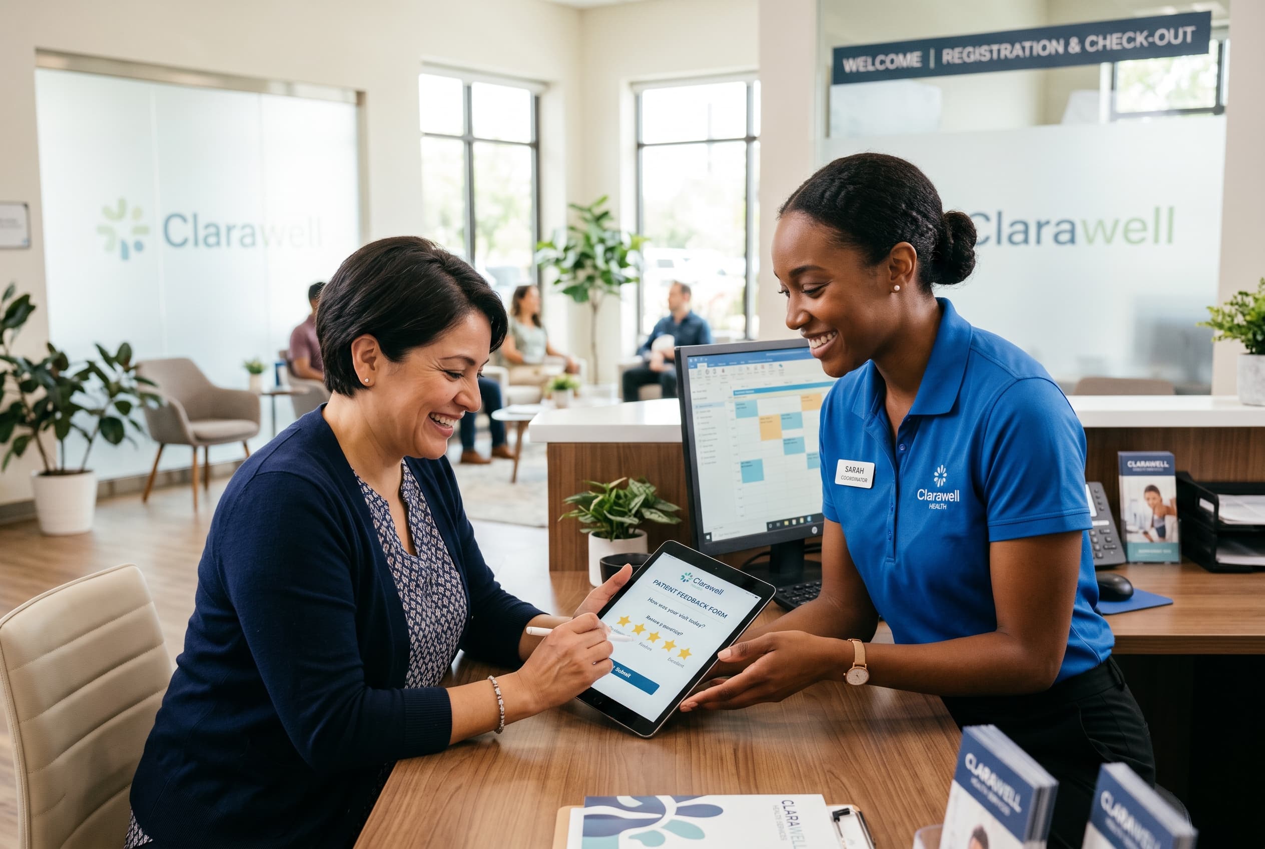 Front-desk coordinator helping patient submit digital review